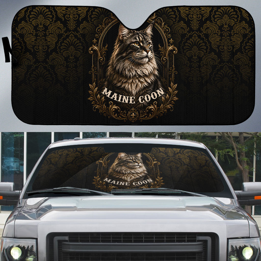 Maine Coon Cat Gentle Giant Auto Sun Shade Royal Feline Vintage Gold Damask Portrait