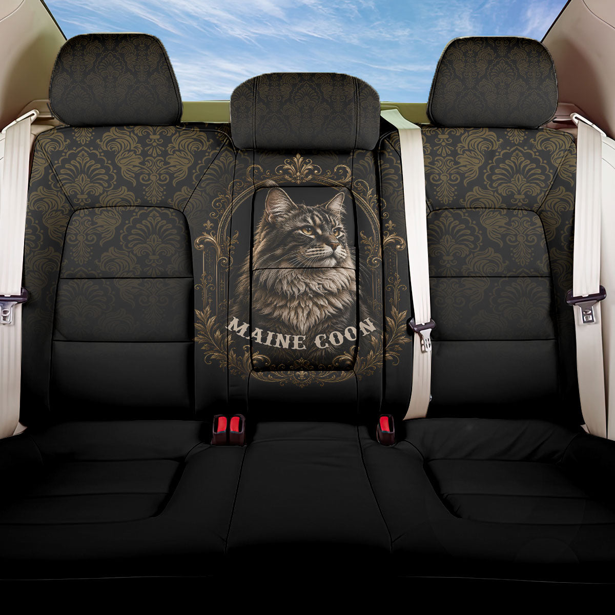 Maine Coon Cat Gentle Giant Back Car Seat Cover Royal Feline Vintage Gold Damask Portrait