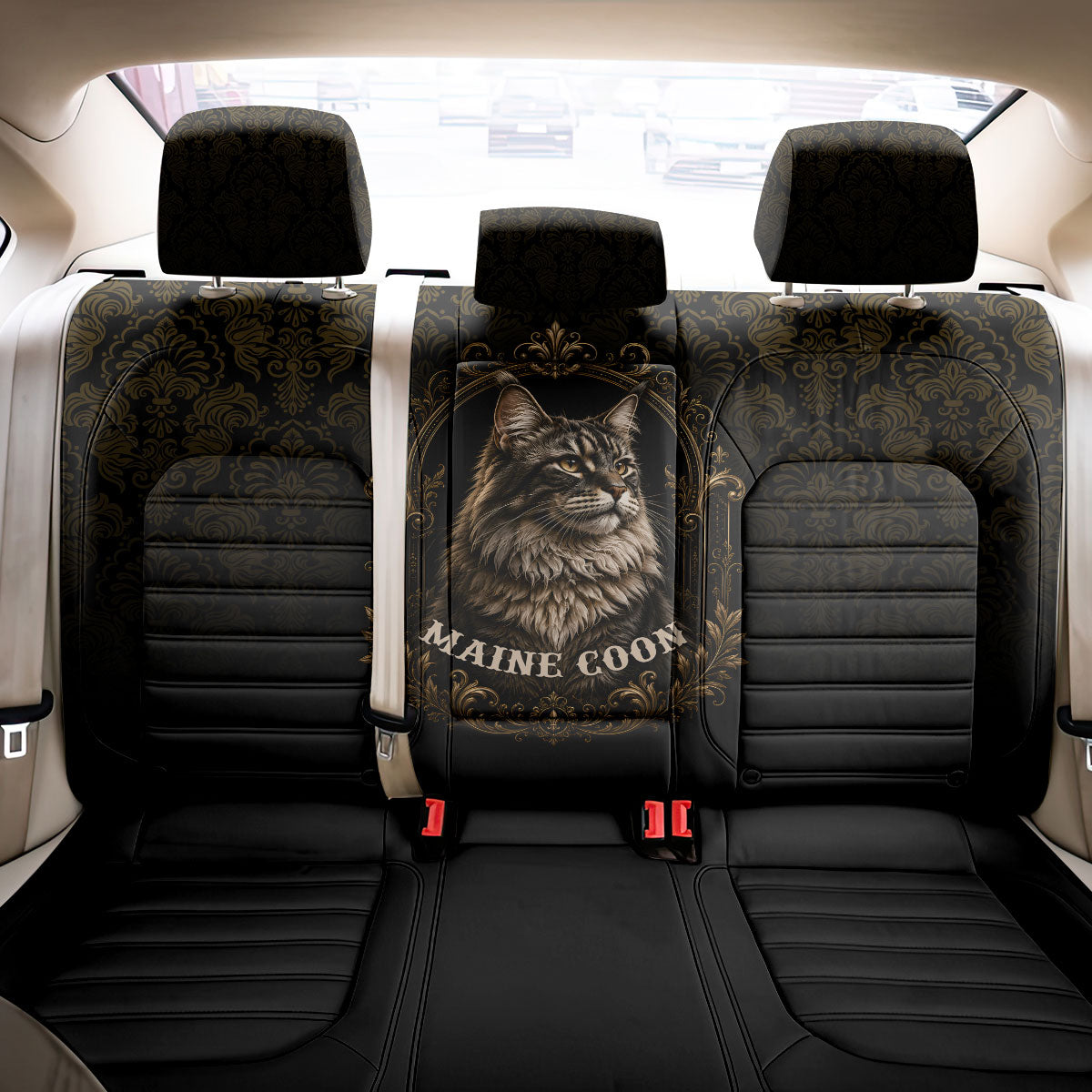 Maine Coon Cat Gentle Giant Back Car Seat Cover Royal Feline Vintage Gold Damask Portrait