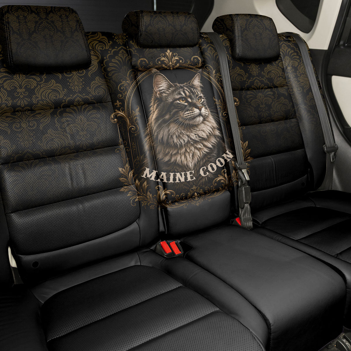 Maine Coon Cat Gentle Giant Back Car Seat Cover Royal Feline Vintage Gold Damask Portrait
