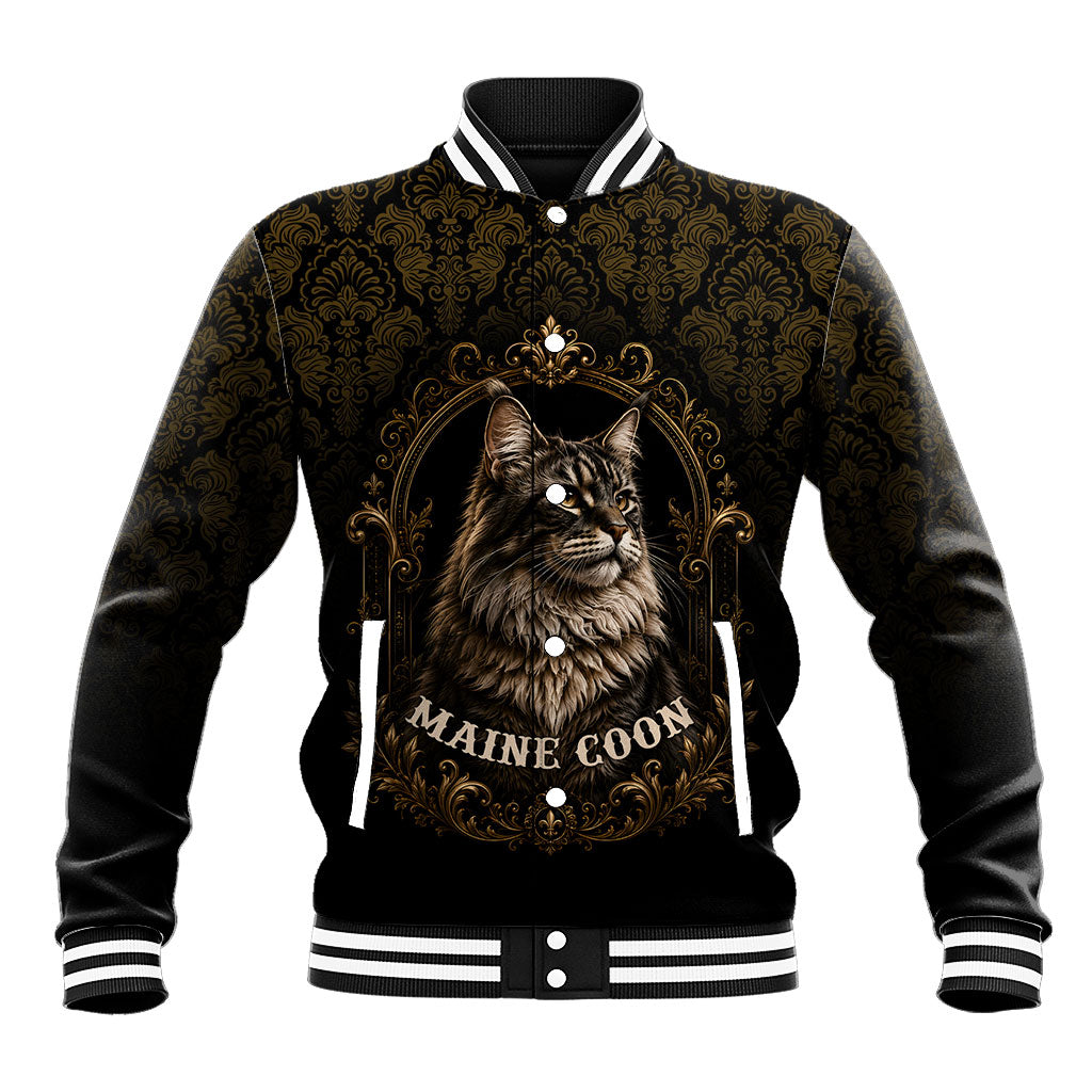Maine Coon Cat Gentle Giant Baseball Jacket Royal Feline Vintage Gold Damask Portrait