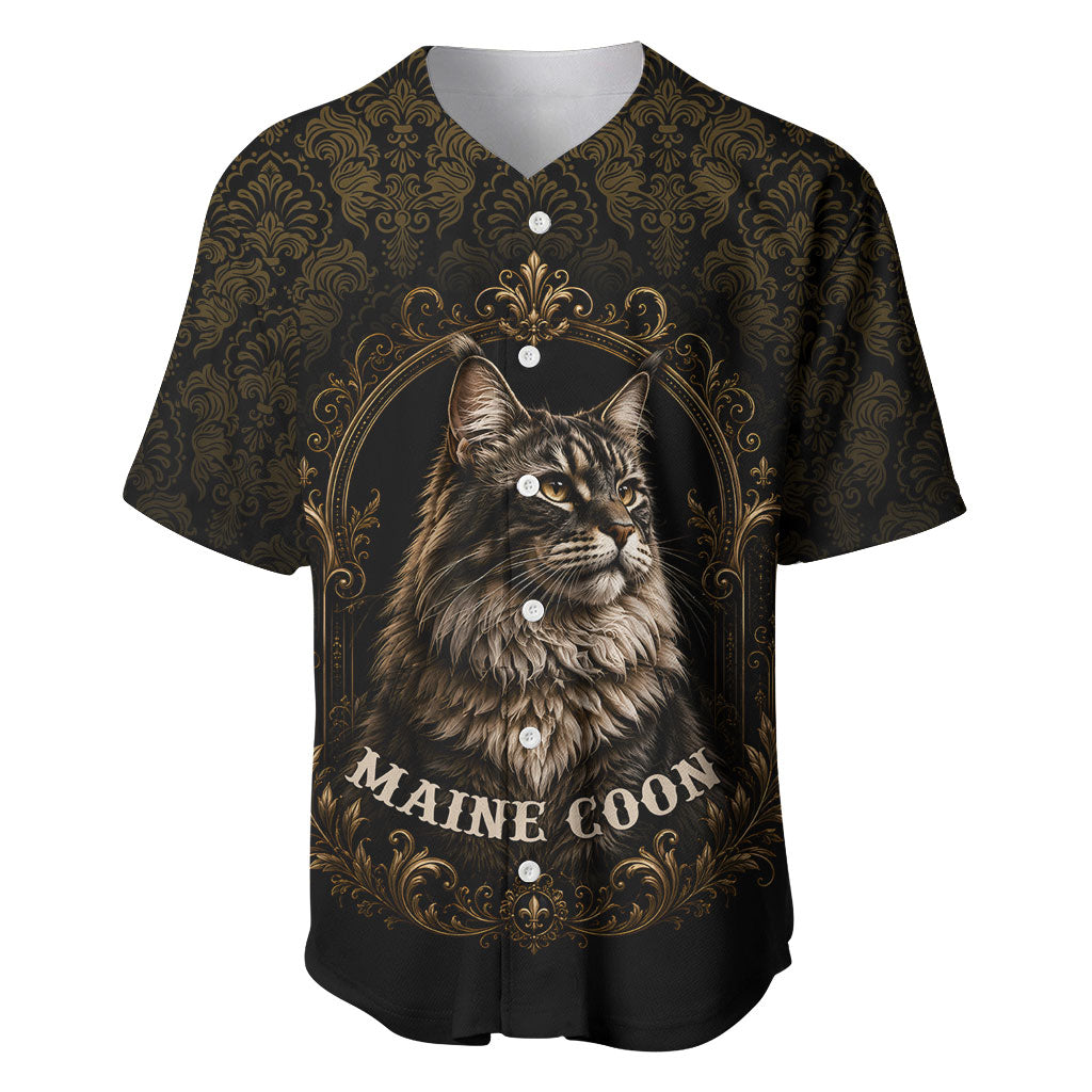 Maine Coon Cat Gentle Giant Baseball Jersey Royal Feline Vintage Gold Damask Portrait