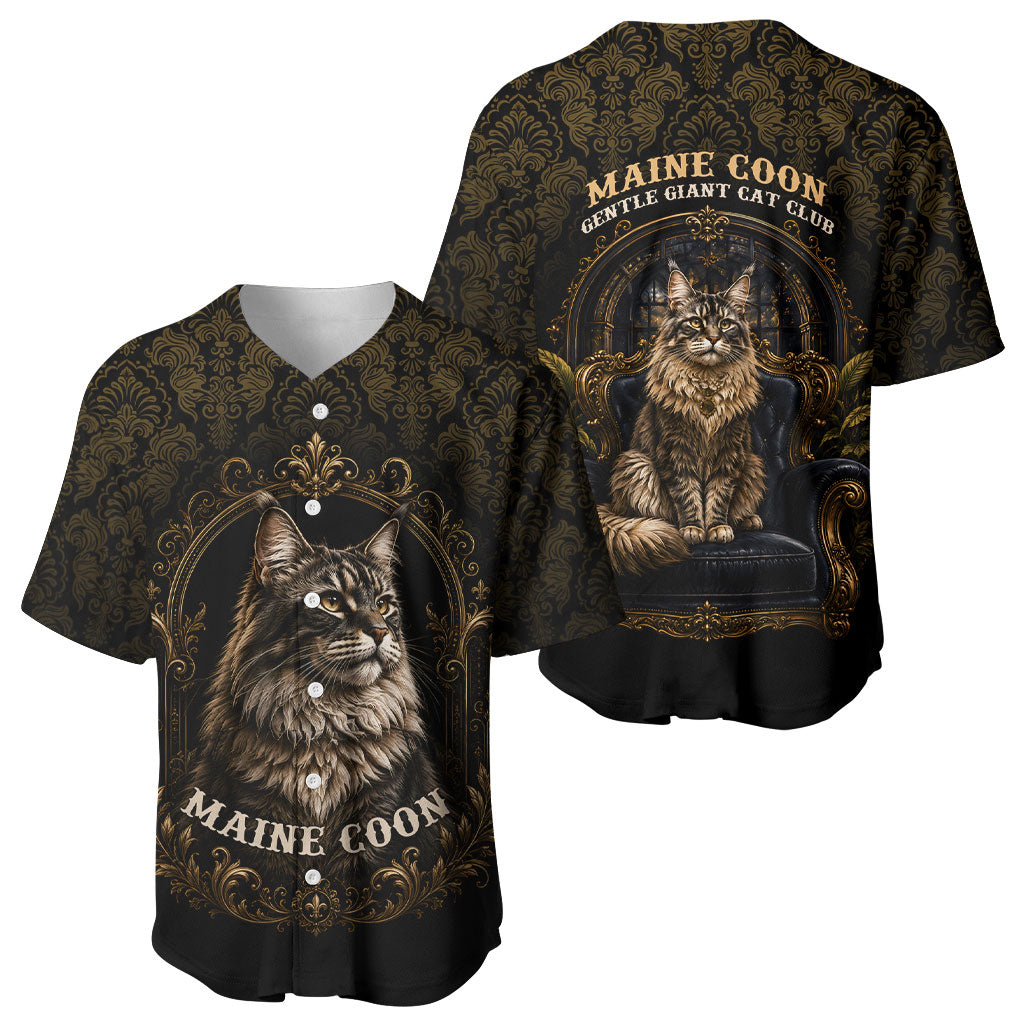 Maine Coon Cat Gentle Giant Baseball Jersey Royal Feline Vintage Gold Damask Portrait