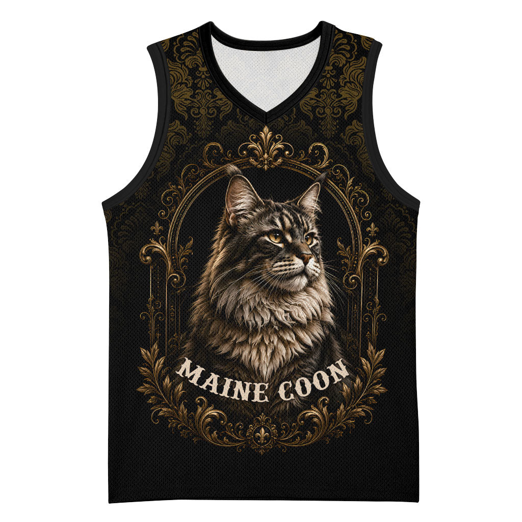 Maine Coon Cat Gentle Giant Basketball Jersey Royal Feline Vintage Gold Damask Portrait