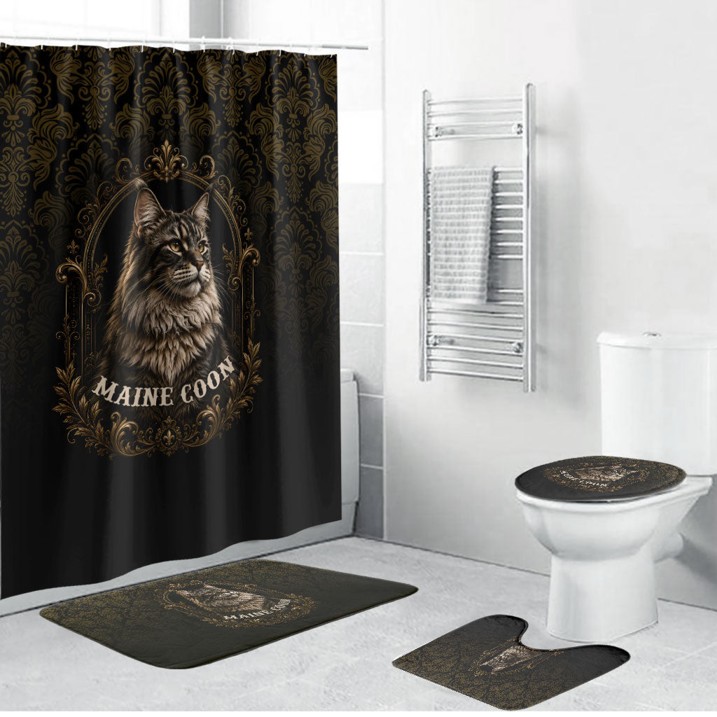 Maine Coon Cat Gentle Giant Bathroom Set Royal Feline Vintage Gold Damask Portrait