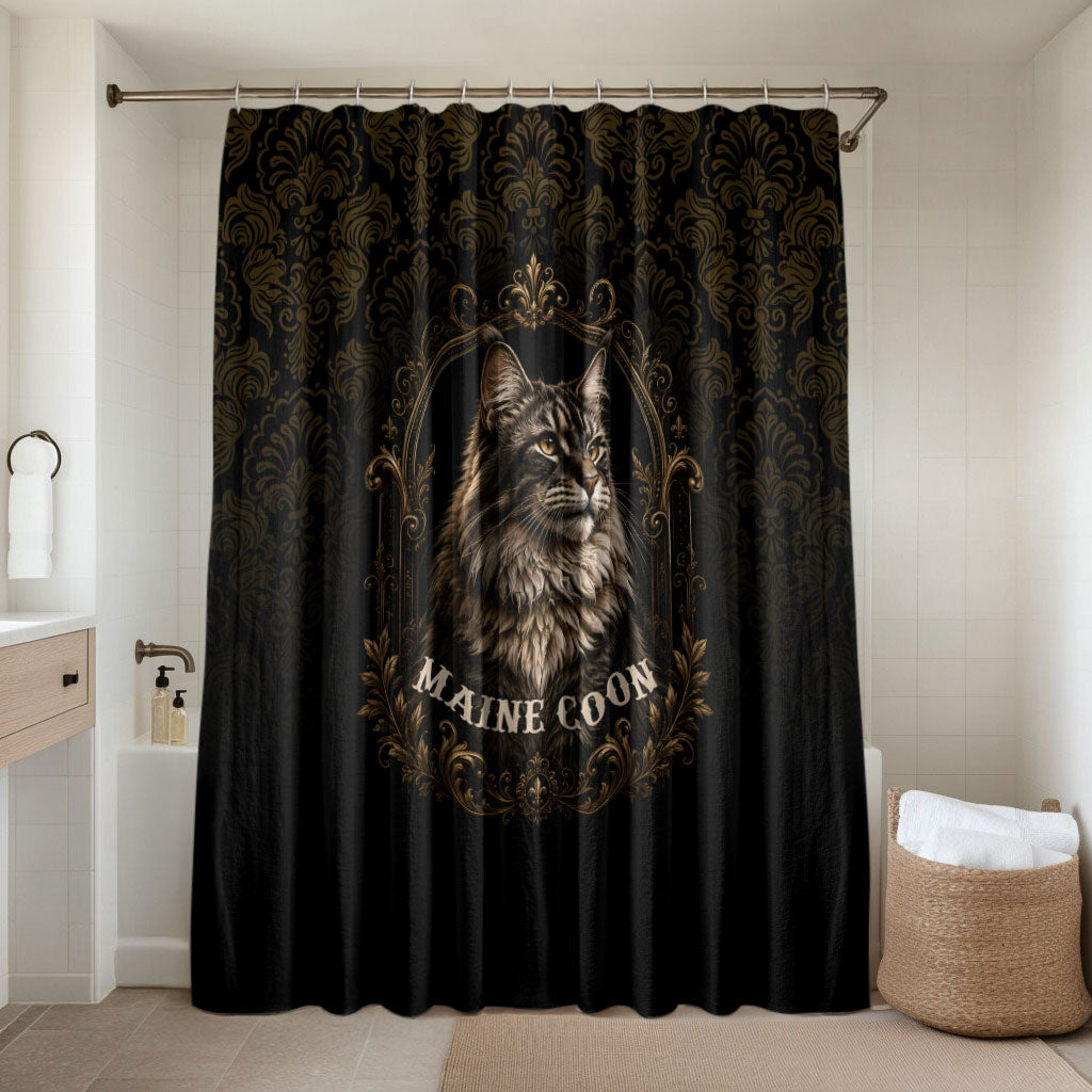 Maine Coon Cat Gentle Giant Bathroom Set Royal Feline Vintage Gold Damask Portrait