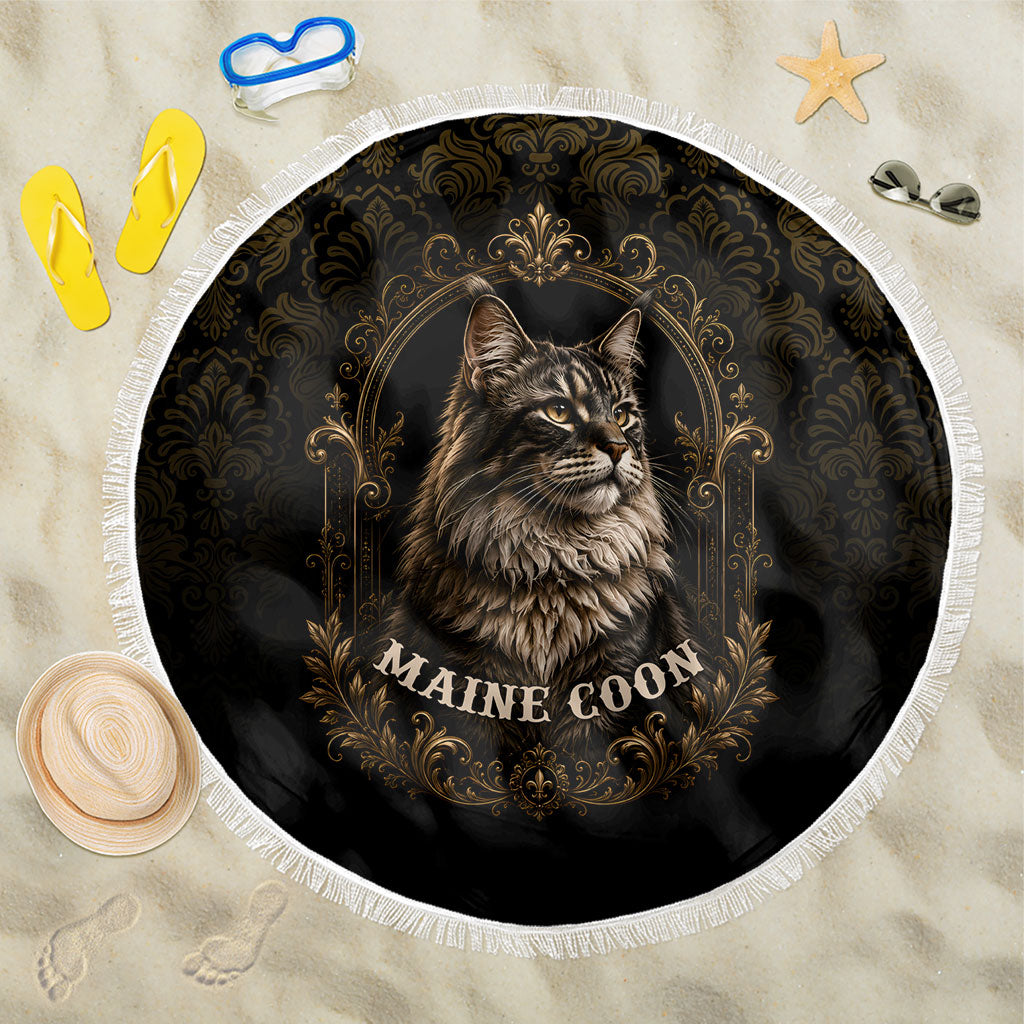 Maine Coon Cat Gentle Giant Beach Blanket Royal Feline Vintage Gold Damask Portrait