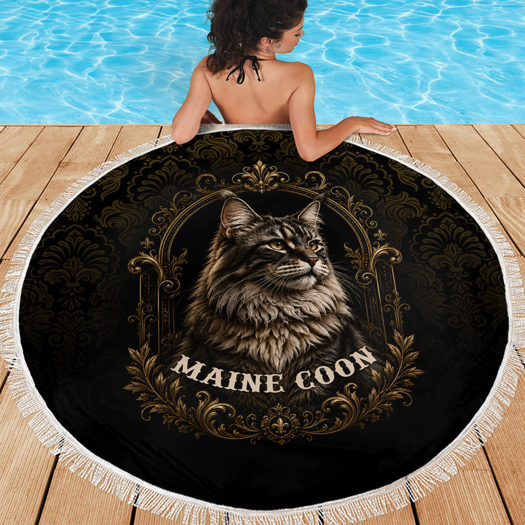 Maine Coon Cat Gentle Giant Beach Blanket Royal Feline Vintage Gold Damask Portrait