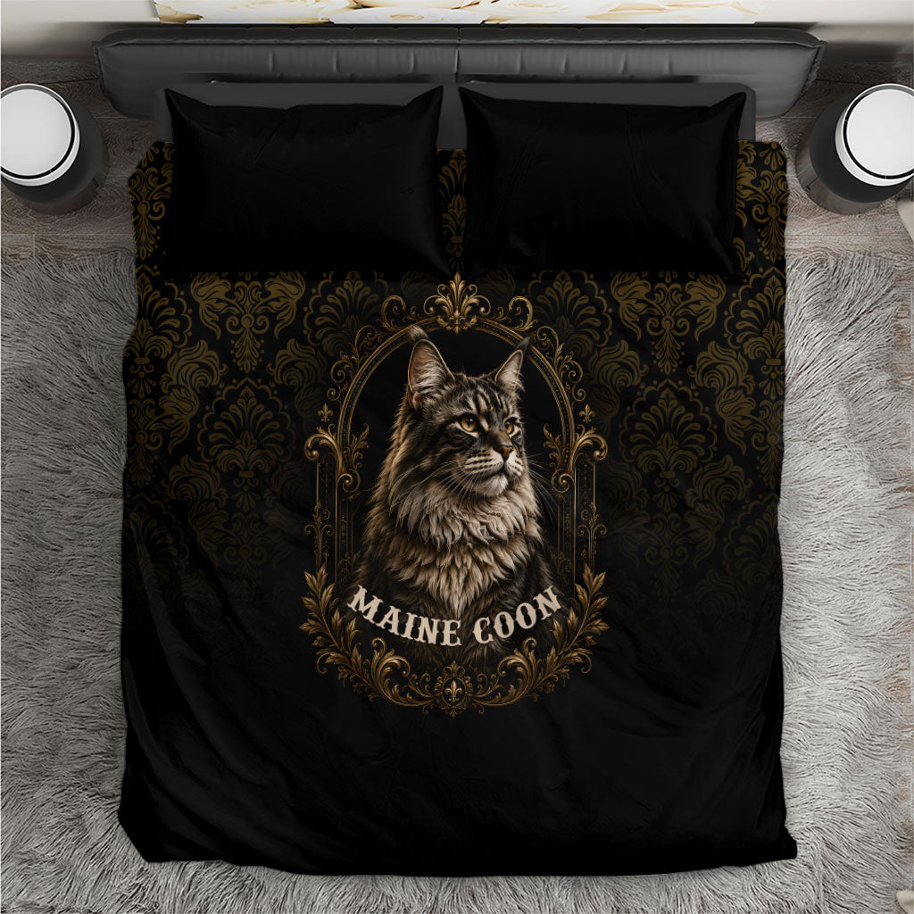 Maine Coon Cat Gentle Giant Bedding Set Royal Feline Vintage Gold Damask Portrait
