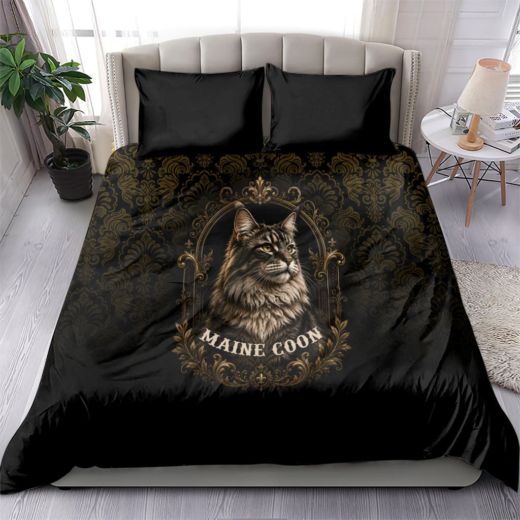 Maine Coon Cat Gentle Giant Bedding Set Royal Feline Vintage Gold Damask Portrait