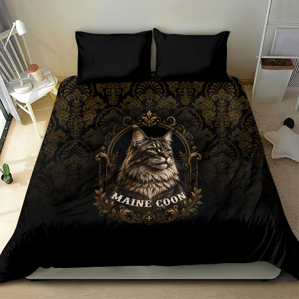 Maine Coon Cat Gentle Giant Bedding Set Royal Feline Vintage Gold Damask Portrait