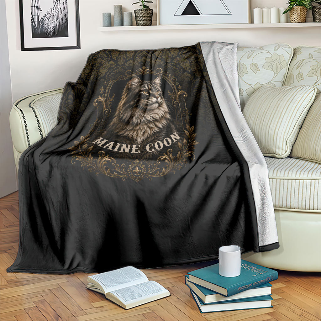 Maine Coon Cat Gentle Giant Blanket Royal Feline Vintage Gold Damask Portrait