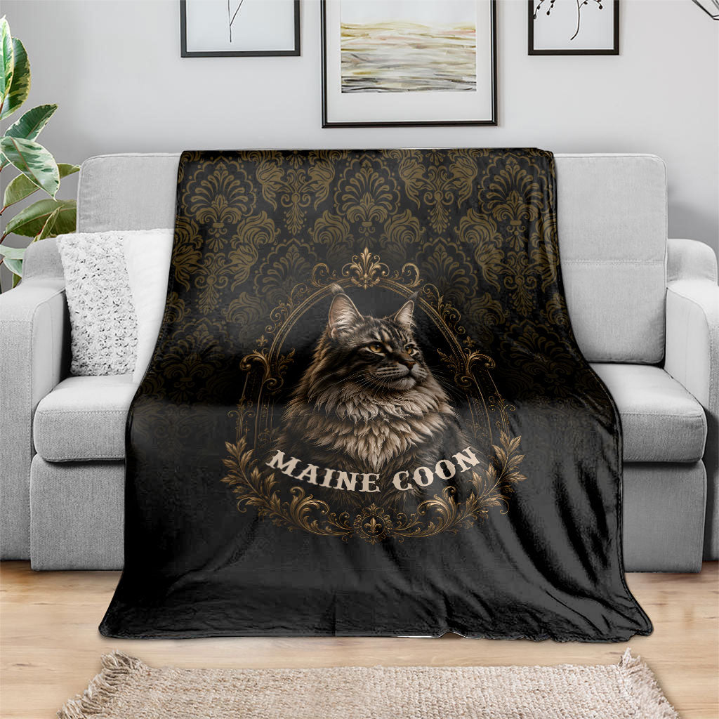 Maine Coon Cat Gentle Giant Blanket Royal Feline Vintage Gold Damask Portrait