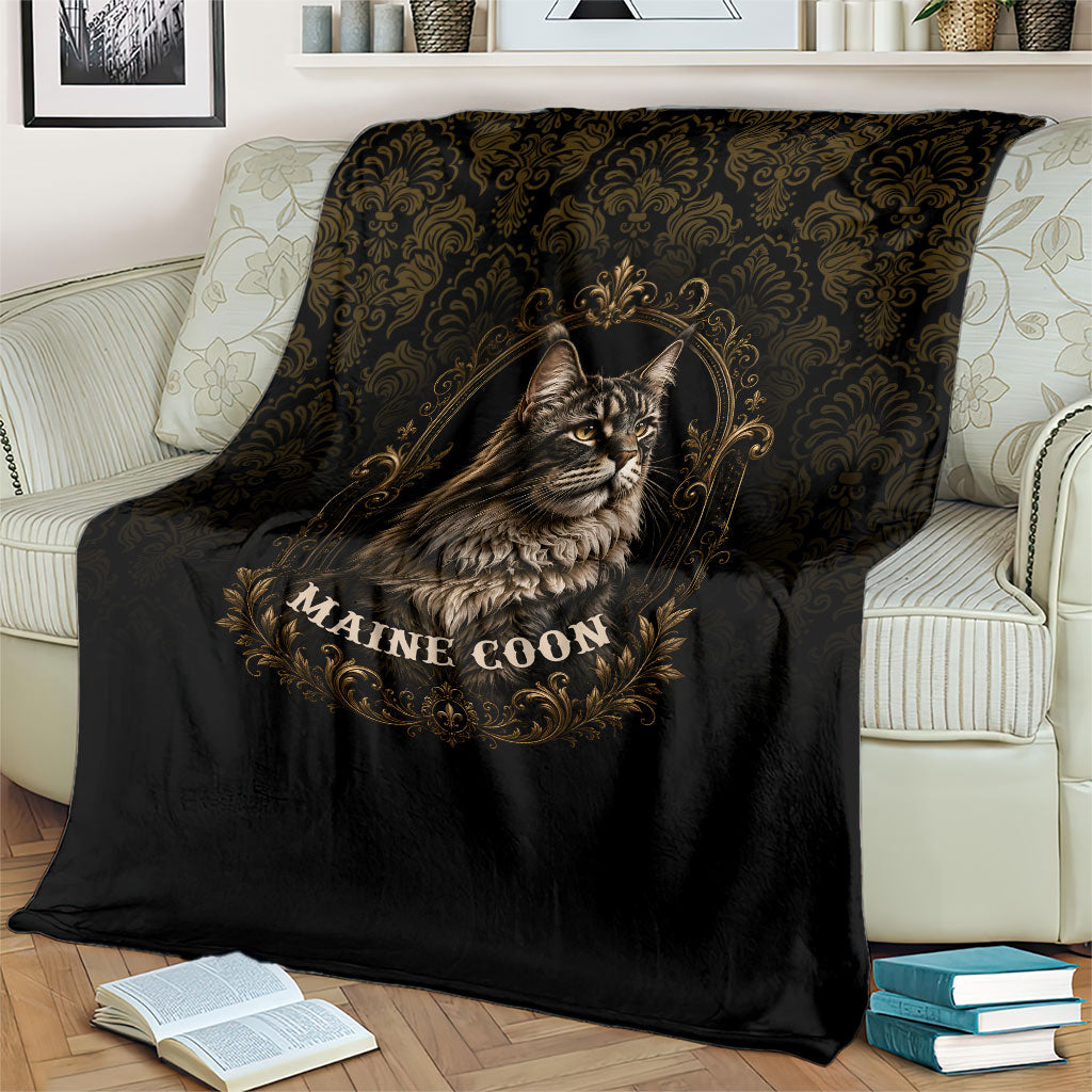 Maine Coon Cat Gentle Giant Blanket Royal Feline Vintage Gold Damask Portrait
