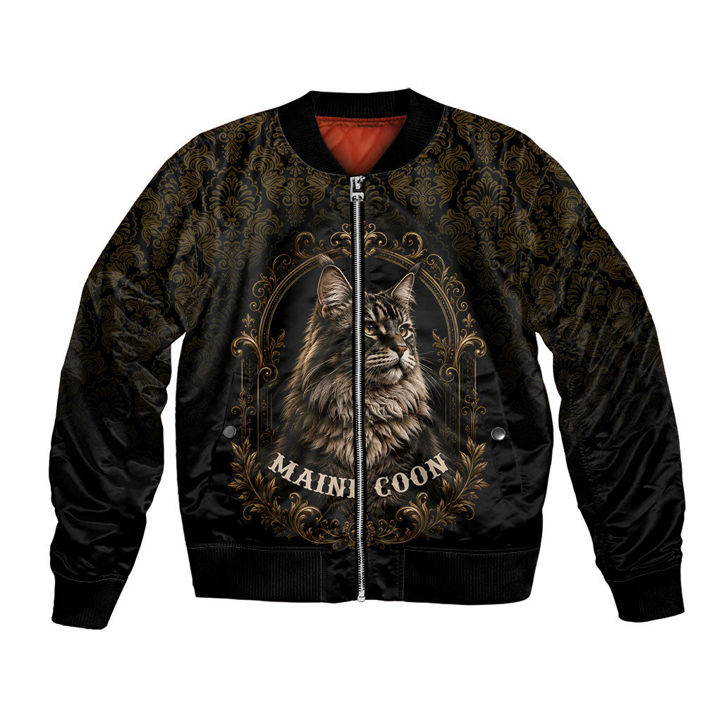 Maine Coon Cat Gentle Giant Bomber Jacket Royal Feline Vintage Gold Damask Portrait