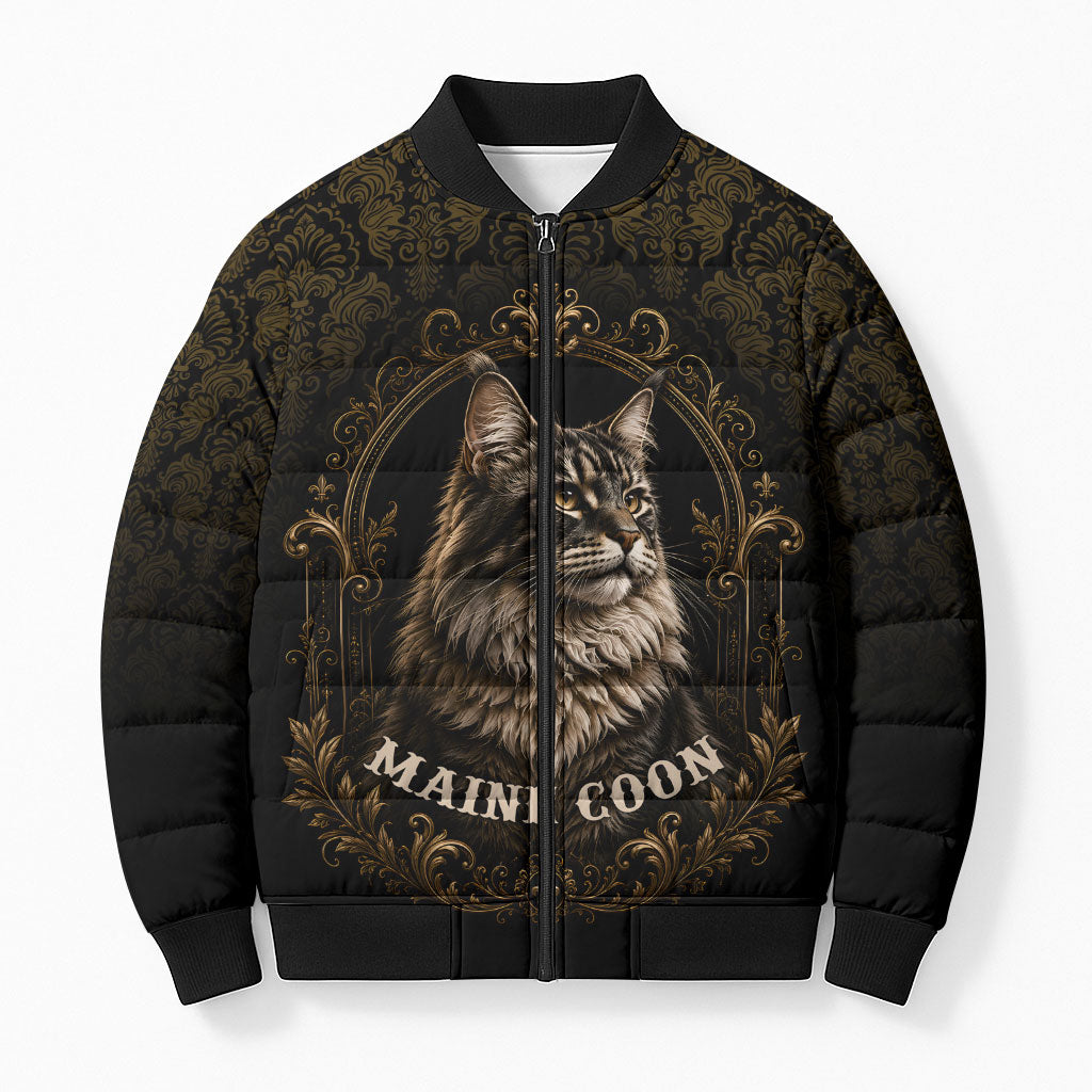 Maine Coon Cat Gentle Giant Bomber Puffer Jacket Royal Feline Vintage Gold Damask Portrait