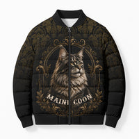 Maine Coon Cat Gentle Giant Bomber Puffer Jacket Royal Feline Vintage Gold Damask Portrait