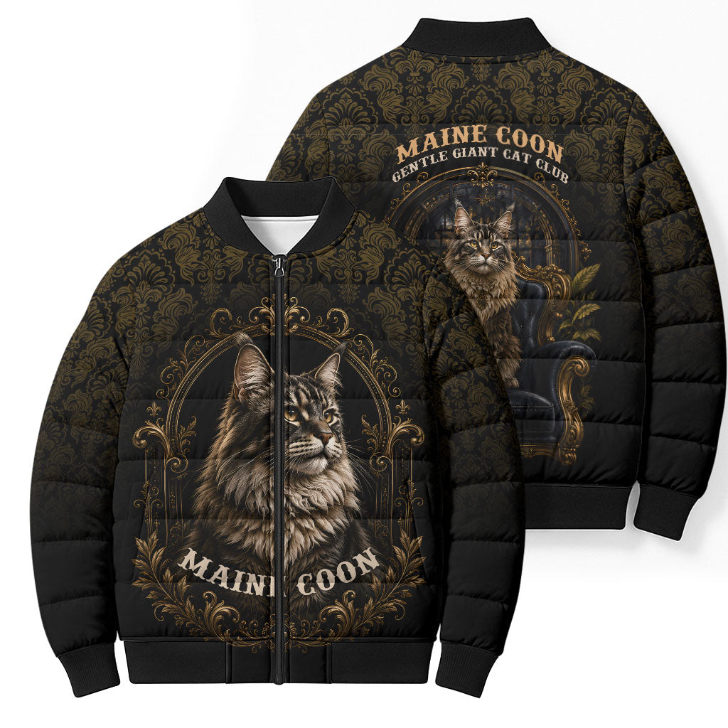 Maine Coon Cat Gentle Giant Bomber Puffer Jacket Royal Feline Vintage Gold Damask Portrait