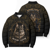 Maine Coon Cat Gentle Giant Bomber Puffer Jacket Royal Feline Vintage Gold Damask Portrait
