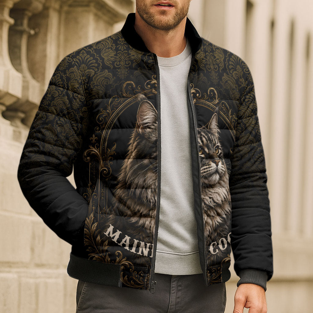 Maine Coon Cat Gentle Giant Bomber Puffer Jacket Royal Feline Vintage Gold Damask Portrait