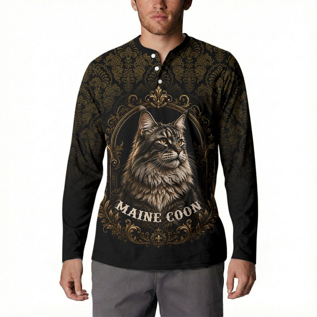 Maine Coon Cat Gentle Giant Button Sweatshirt Royal Feline Vintage Gold Damask Portrait