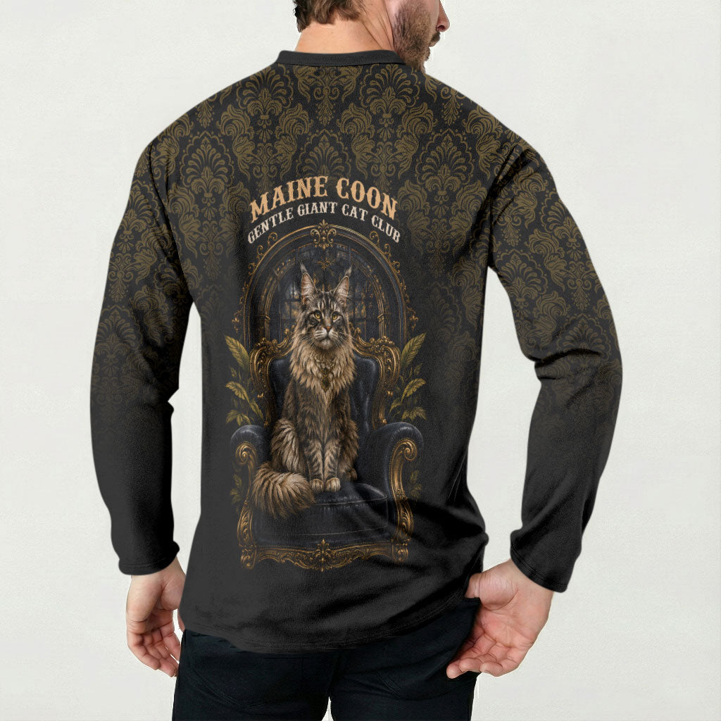 Maine Coon Cat Gentle Giant Button Sweatshirt Royal Feline Vintage Gold Damask Portrait