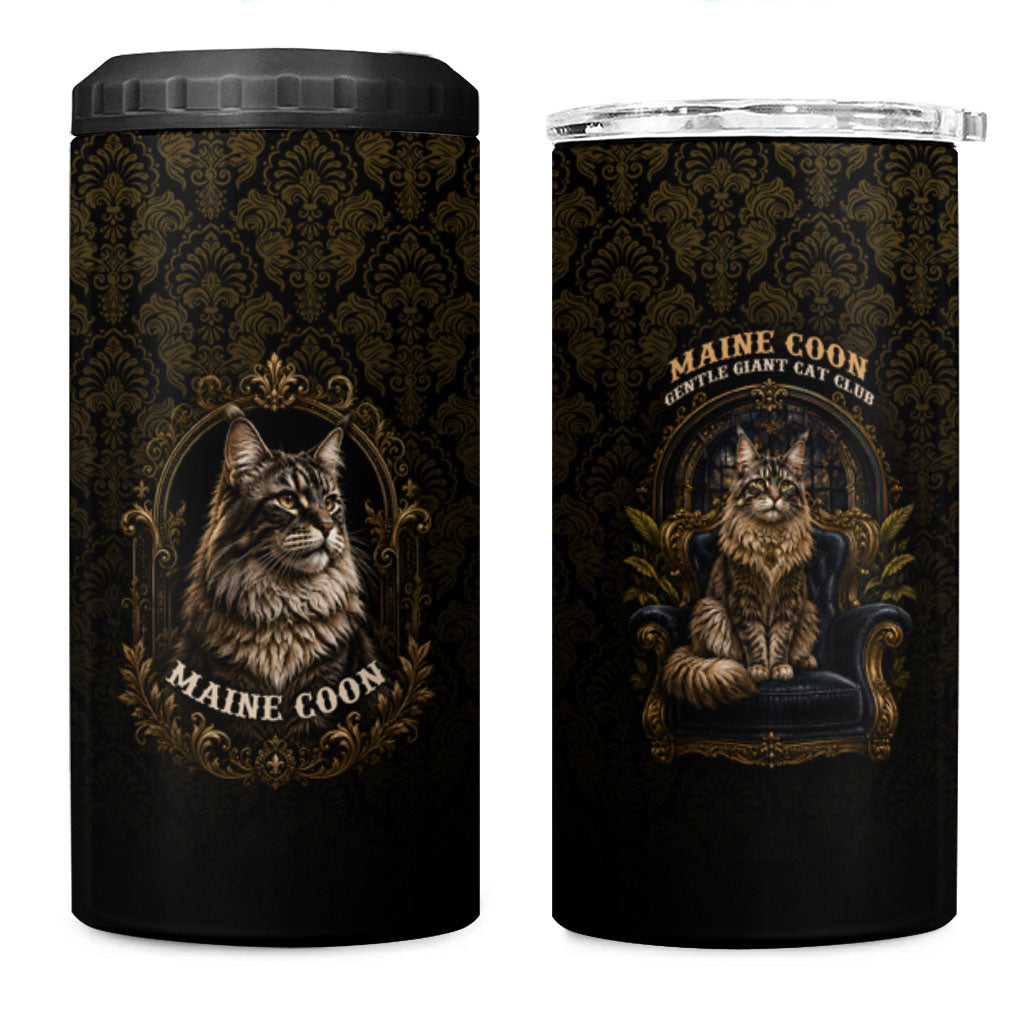 Maine Coon Cat Gentle Giant 4 in 1 Can Cooler Tumbler Royal Feline Vintage Gold Damask Portrait