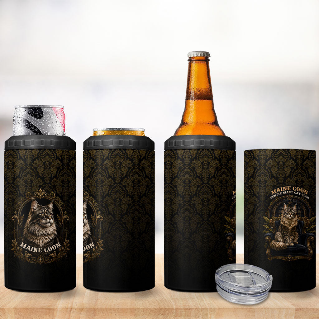 Maine Coon Cat Gentle Giant 4 in 1 Can Cooler Tumbler Royal Feline Vintage Gold Damask Portrait