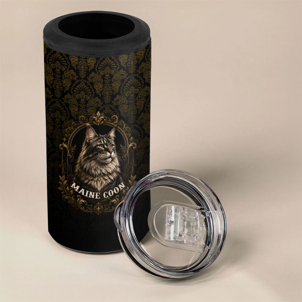 Maine Coon Cat Gentle Giant 4 in 1 Can Cooler Tumbler Royal Feline Vintage Gold Damask Portrait
