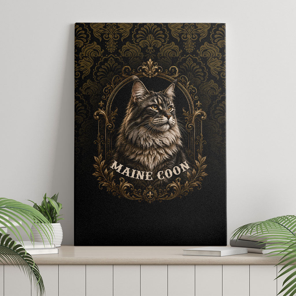 Maine Coon Cat Gentle Giant Canvas Wall Art Royal Feline Vintage Gold Damask Portrait