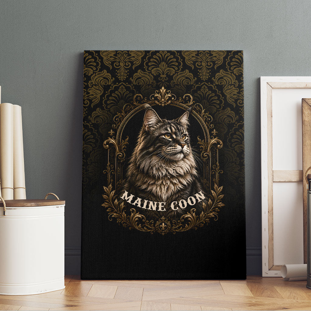 Maine Coon Cat Gentle Giant Canvas Wall Art Royal Feline Vintage Gold Damask Portrait