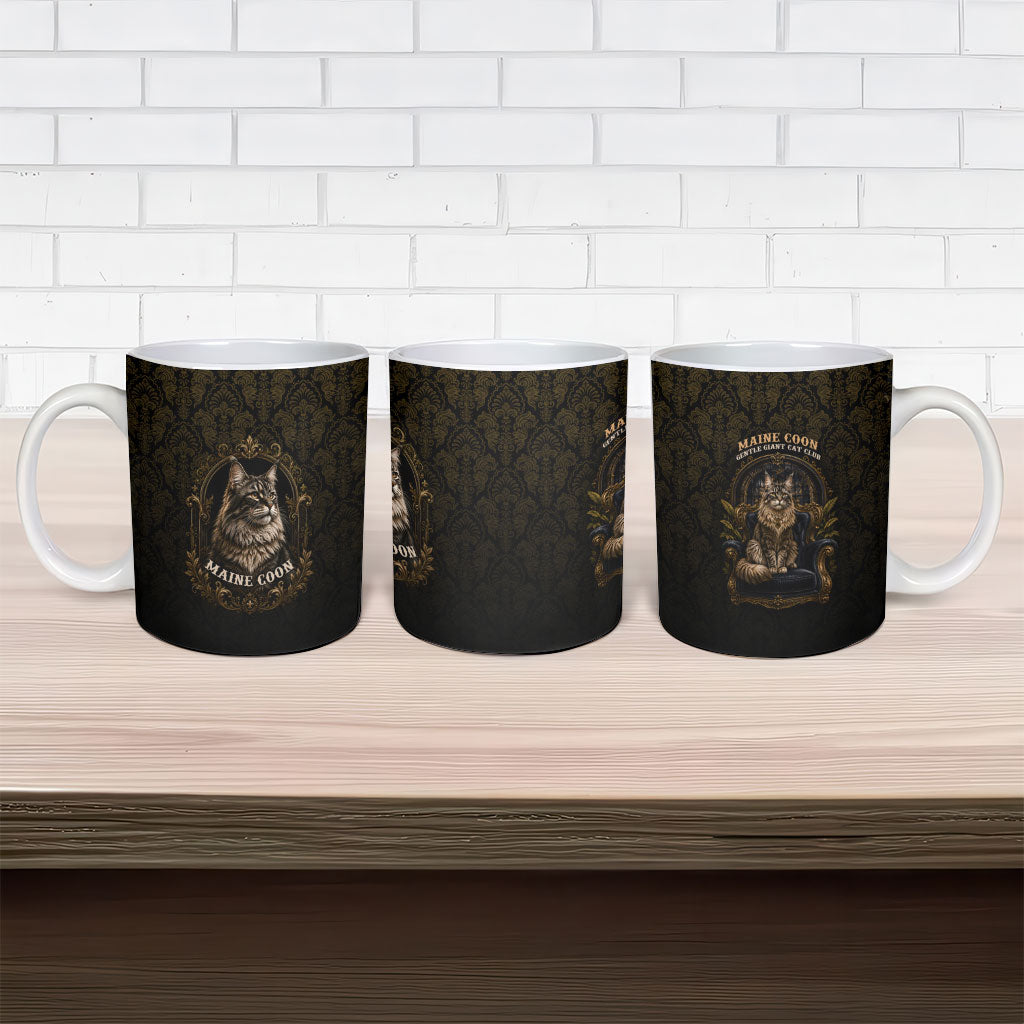 Maine Coon Cat Gentle Giant Ceramic Mug Royal Feline Vintage Gold Damask Portrait