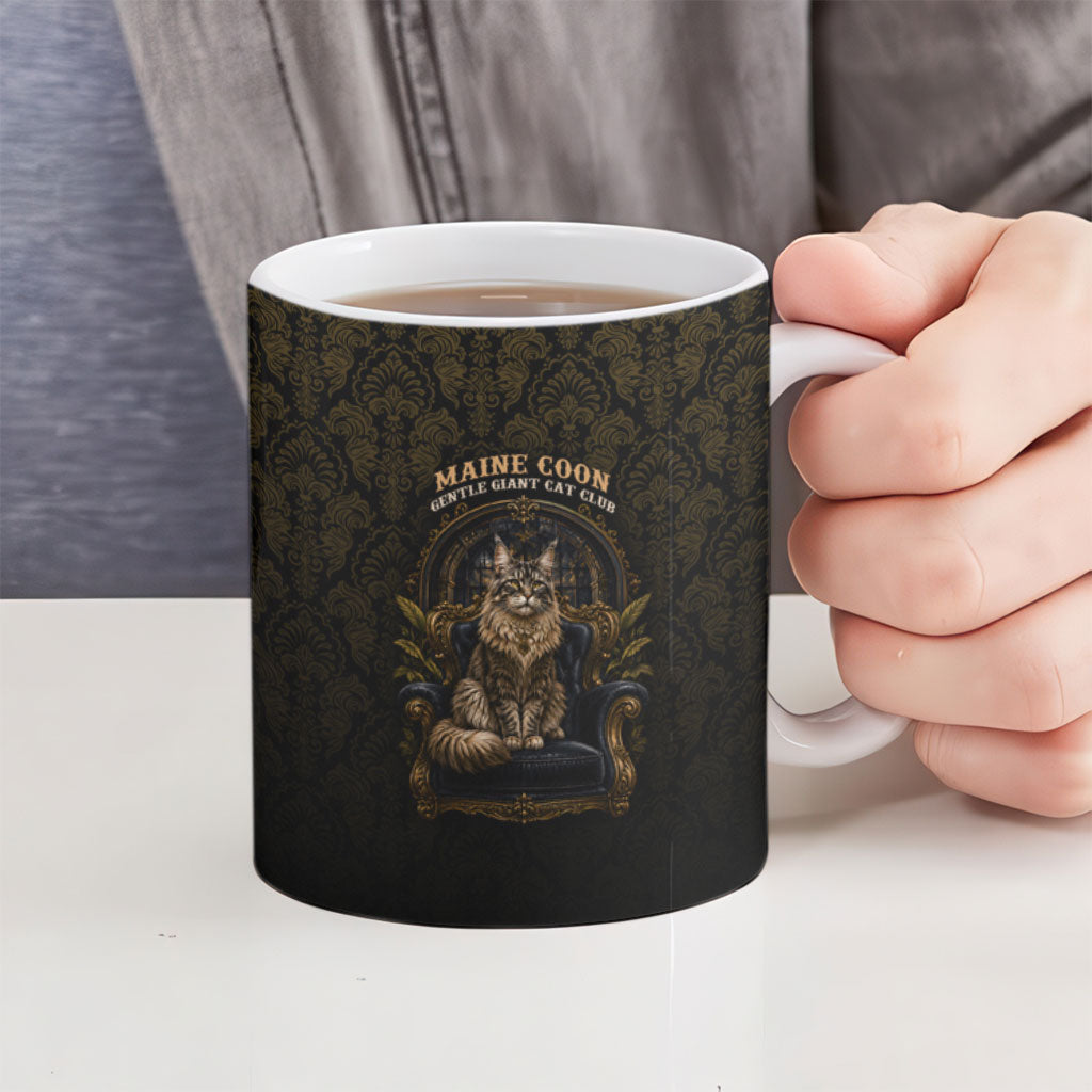 Maine Coon Cat Gentle Giant Ceramic Mug Royal Feline Vintage Gold Damask Portrait