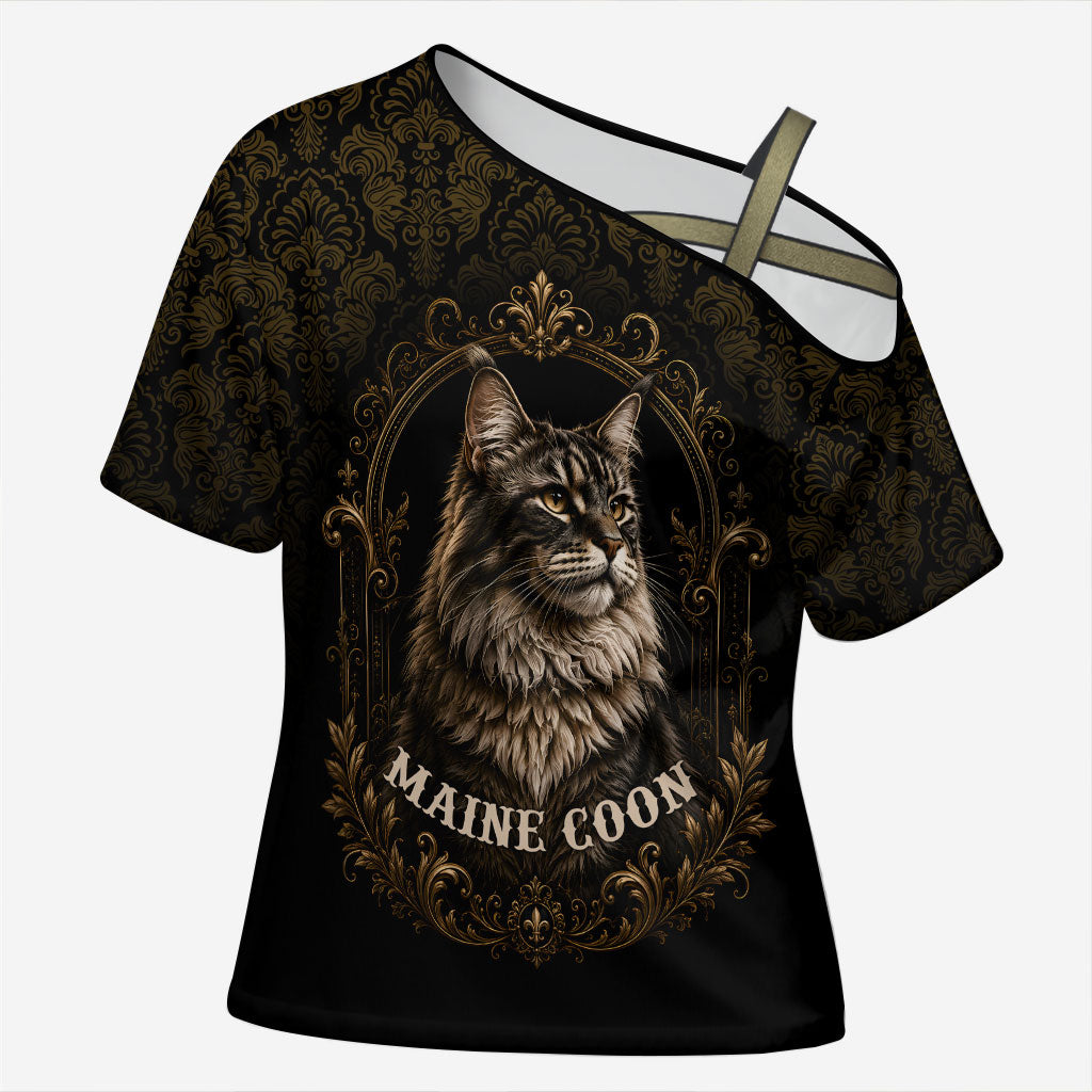 Maine Coon Cat Gentle Giant Cross Shoulder Shirt Royal Feline Vintage Gold Damask Portrait