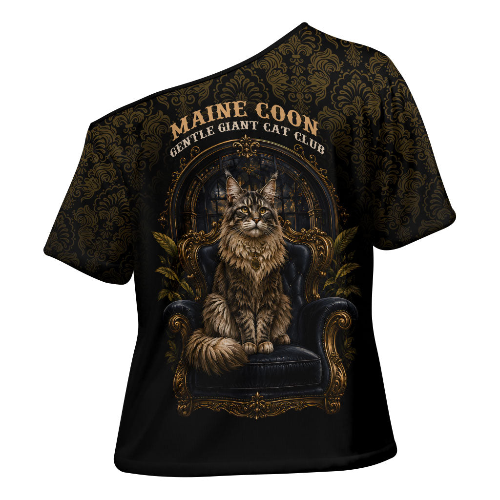 Maine Coon Cat Gentle Giant Cross Shoulder Shirt Royal Feline Vintage Gold Damask Portrait