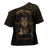 Maine Coon Cat Gentle Giant Cross Shoulder Shirt Royal Feline Vintage Gold Damask Portrait