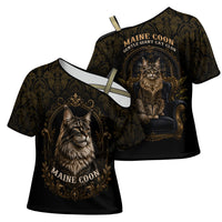 Maine Coon Cat Gentle Giant Cross Shoulder Shirt Royal Feline Vintage Gold Damask Portrait