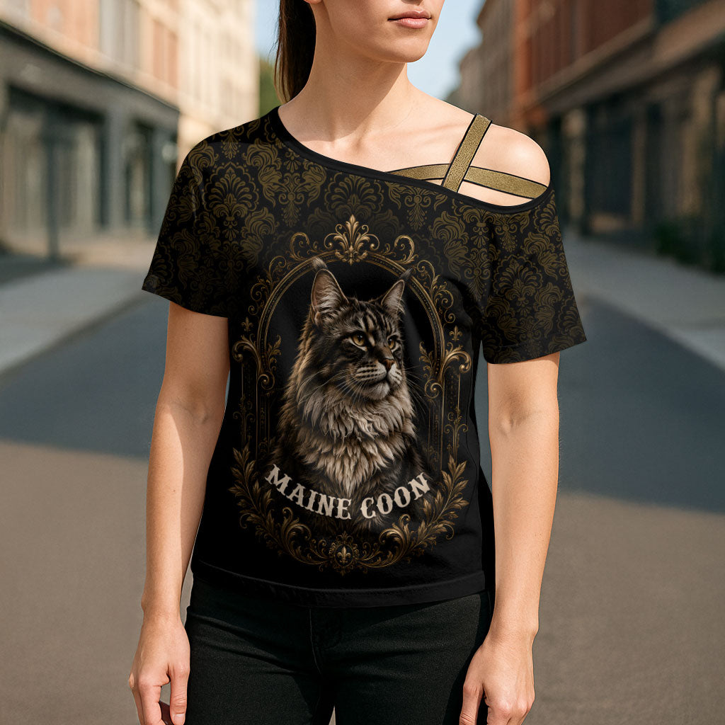 Maine Coon Cat Gentle Giant Cross Shoulder Shirt Royal Feline Vintage Gold Damask Portrait