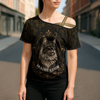 Maine Coon Cat Gentle Giant Cross Shoulder Shirt Royal Feline Vintage Gold Damask Portrait