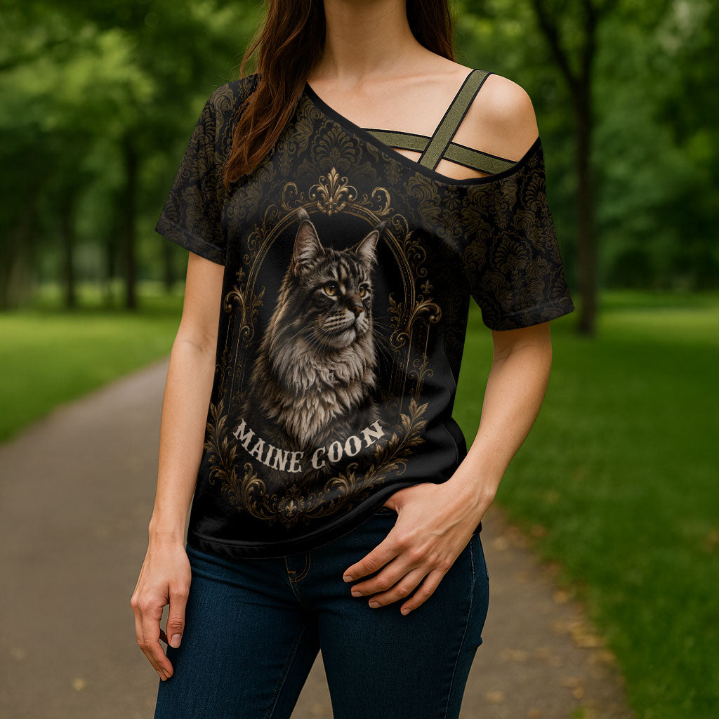 Maine Coon Cat Gentle Giant Cross Shoulder Shirt Royal Feline Vintage Gold Damask Portrait