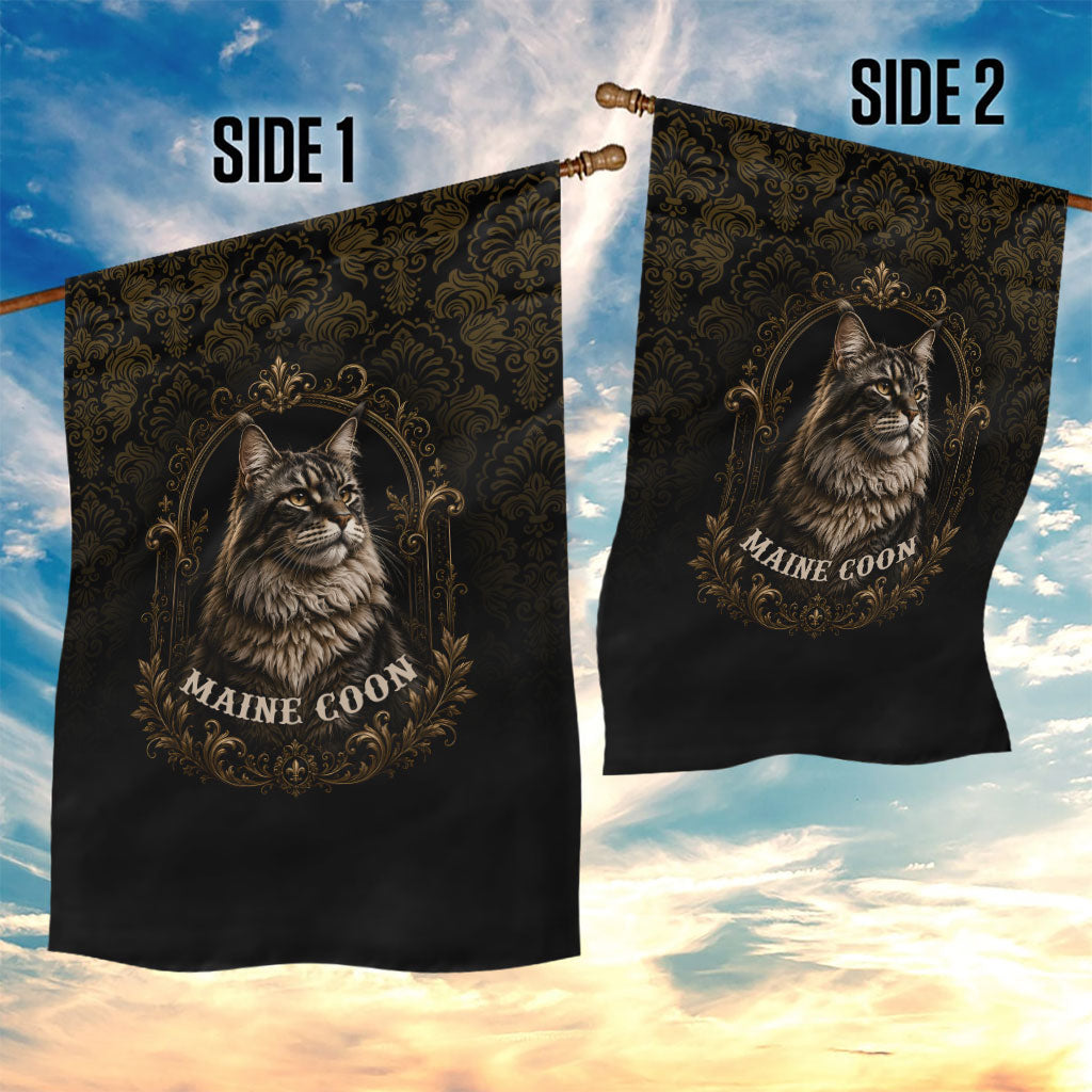 Maine Coon Cat Gentle Giant Garden Flag Royal Feline Vintage Gold Damask Portrait