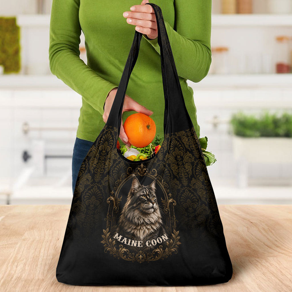 Maine Coon Cat Gentle Giant Grocery Bag Royal Feline Vintage Gold Damask Portrait