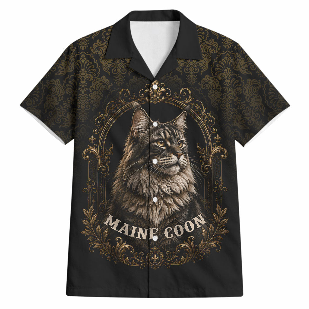 Maine Coon Cat Gentle Giant Hawaiian Shirt Royal Feline Vintage Gold Damask Portrait