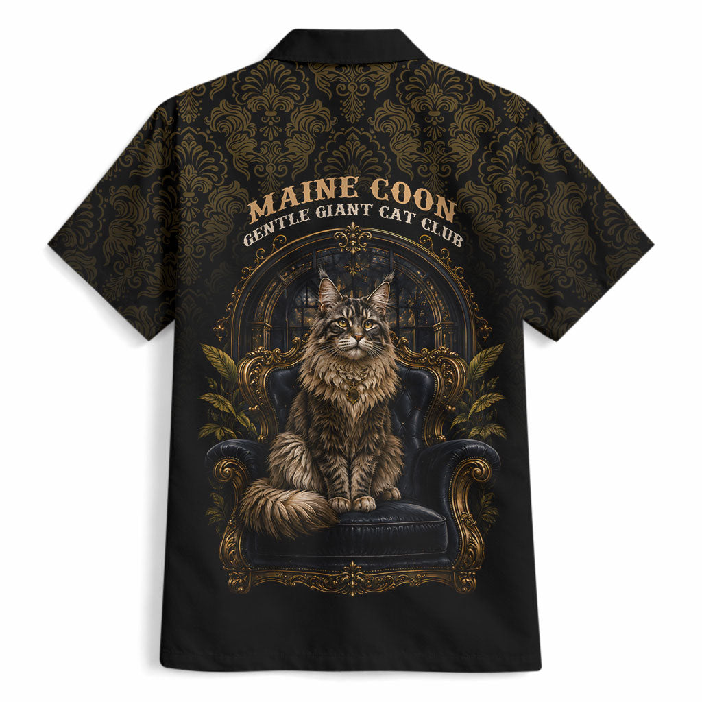Maine Coon Cat Gentle Giant Hawaiian Shirt Royal Feline Vintage Gold Damask Portrait