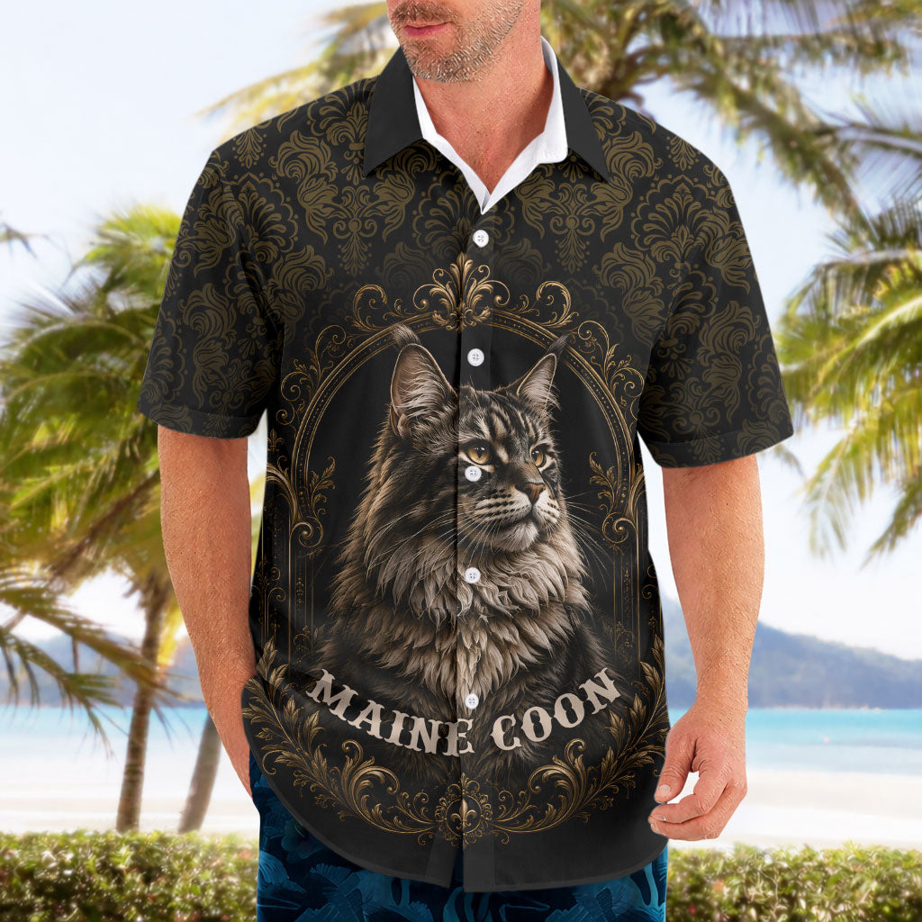 Maine Coon Cat Gentle Giant Hawaiian Shirt Royal Feline Vintage Gold Damask Portrait
