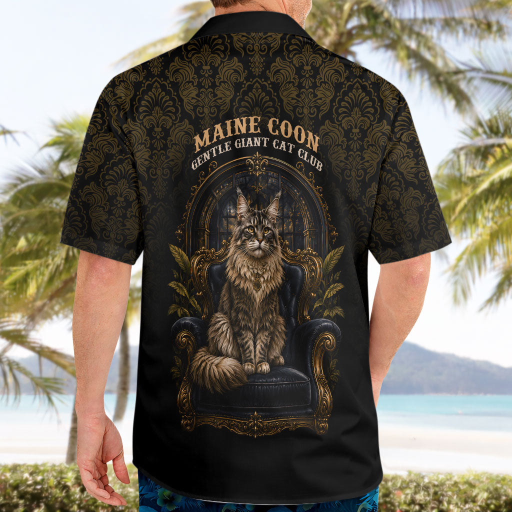 Maine Coon Cat Gentle Giant Hawaiian Shirt Royal Feline Vintage Gold Damask Portrait