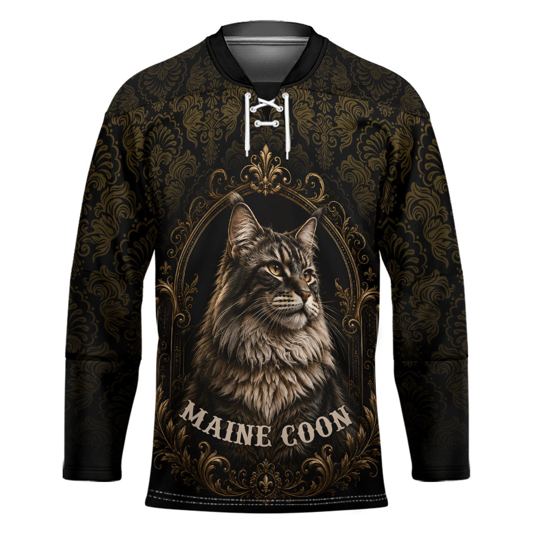 Maine Coon Cat Gentle Giant Hockey Jersey Royal Feline Vintage Gold Damask Portrait