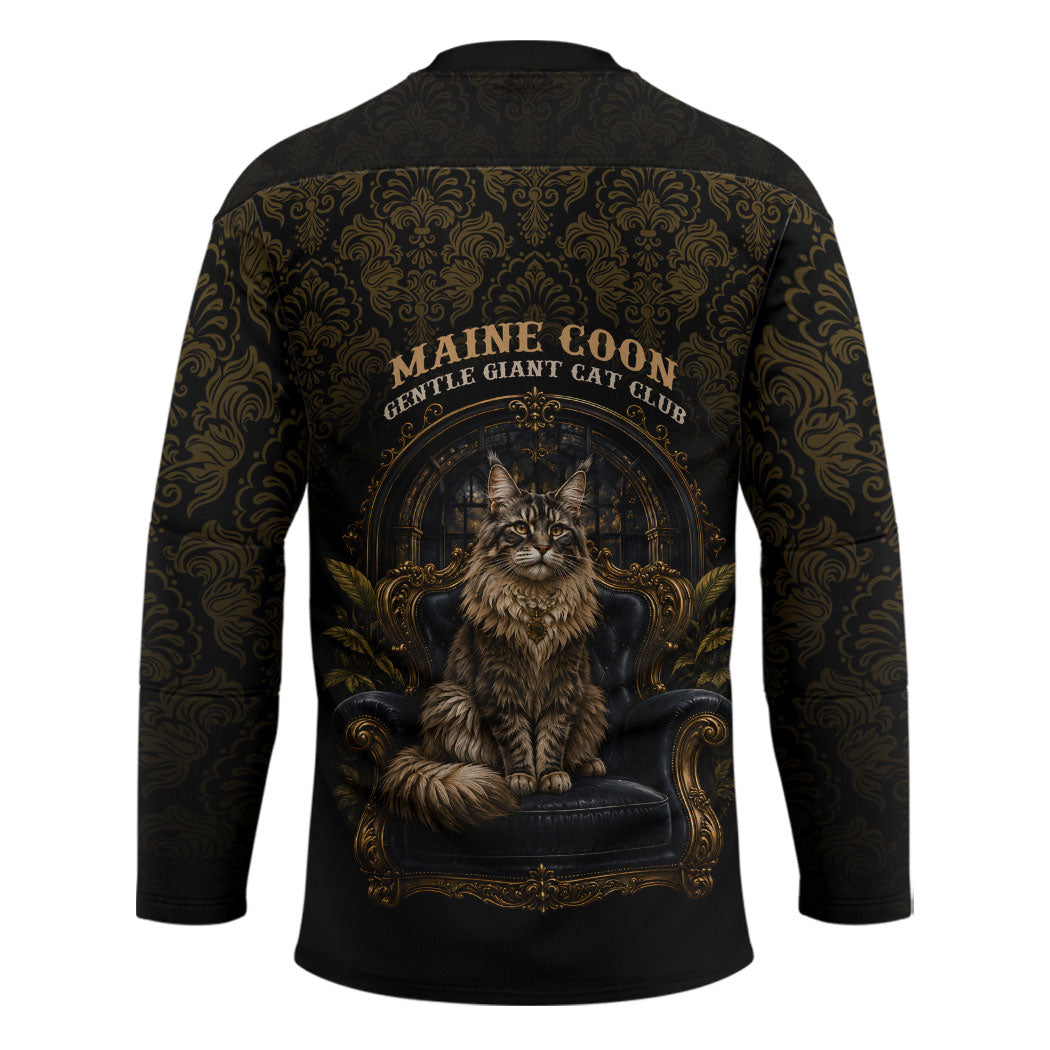 Maine Coon Cat Gentle Giant Hockey Jersey Royal Feline Vintage Gold Damask Portrait