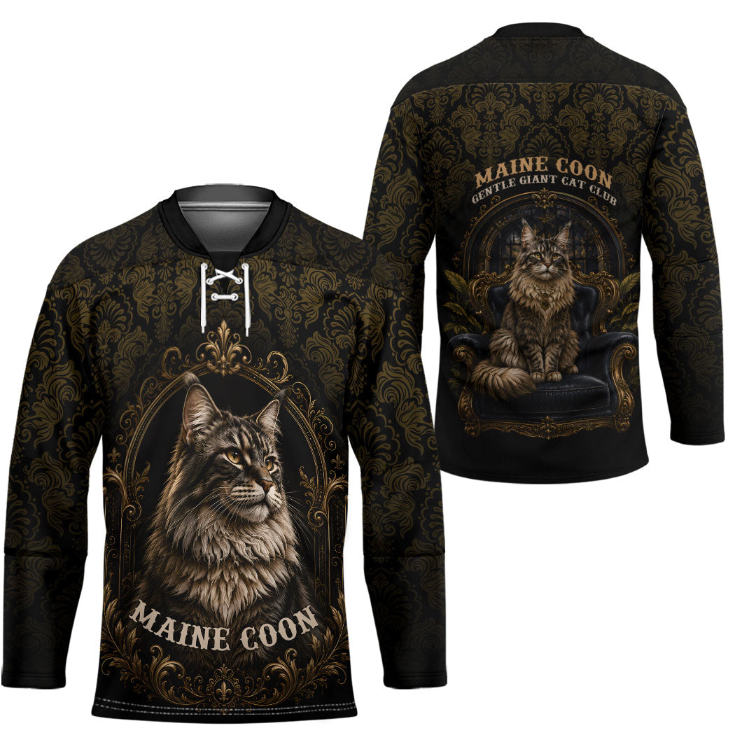 Maine Coon Cat Gentle Giant Hockey Jersey Royal Feline Vintage Gold Damask Portrait
