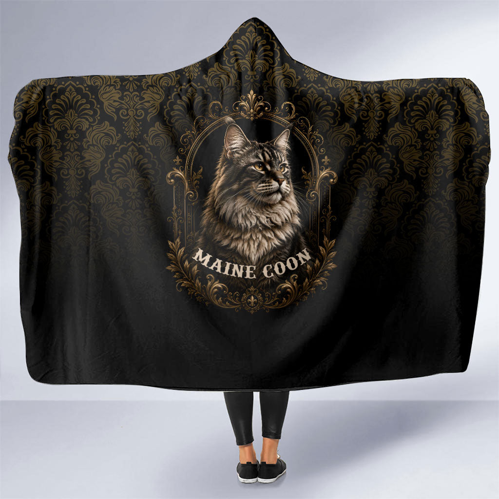 Maine Coon Cat Gentle Giant Hooded Blanket Royal Feline Vintage Gold Damask Portrait